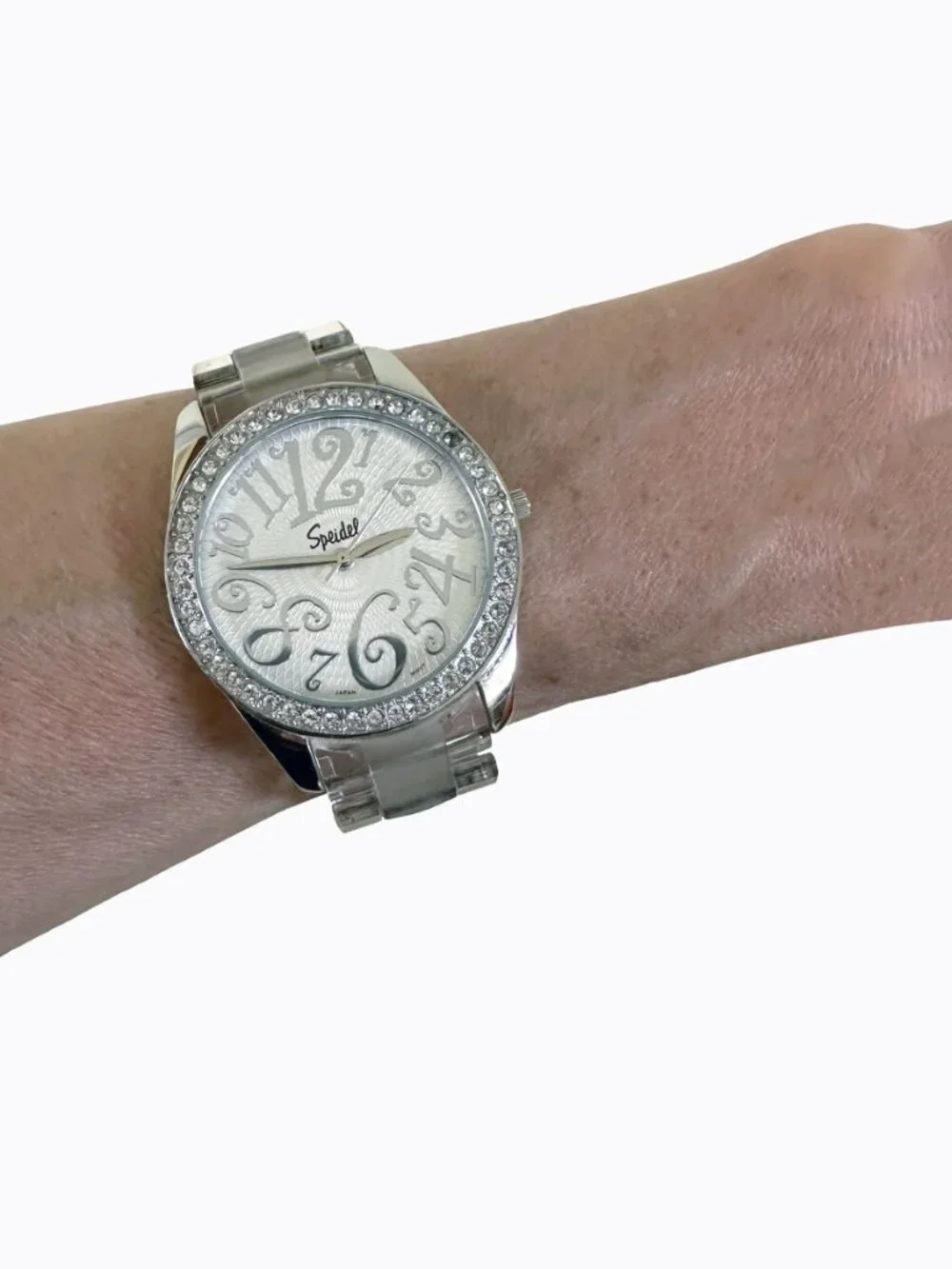 Vtg Speidel Y2K Clear Crystal Watch Silver Oversized Dial Translucent Band Retro